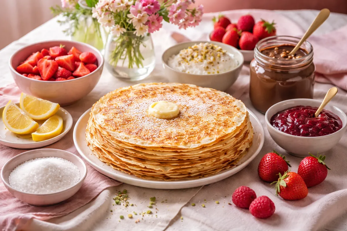 Une table dressée avec des bols de fraises coupées, citron, sucre, pâte à tartiner dans un pot, confiture et une pile de crêpes dorées sur une assiette