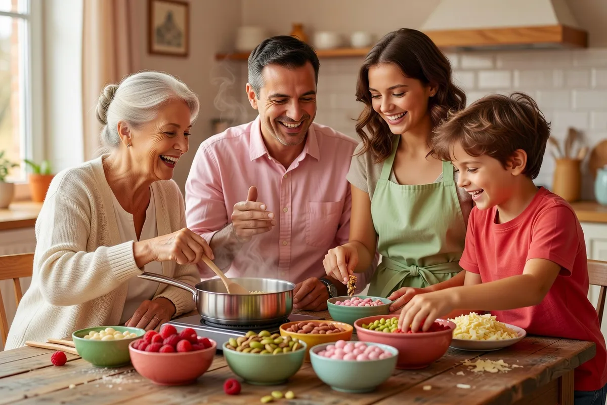 Une famille de plusieurs générations cuisine et rit autour d’une table de cuisine avec une poêle et des bols de garnitures