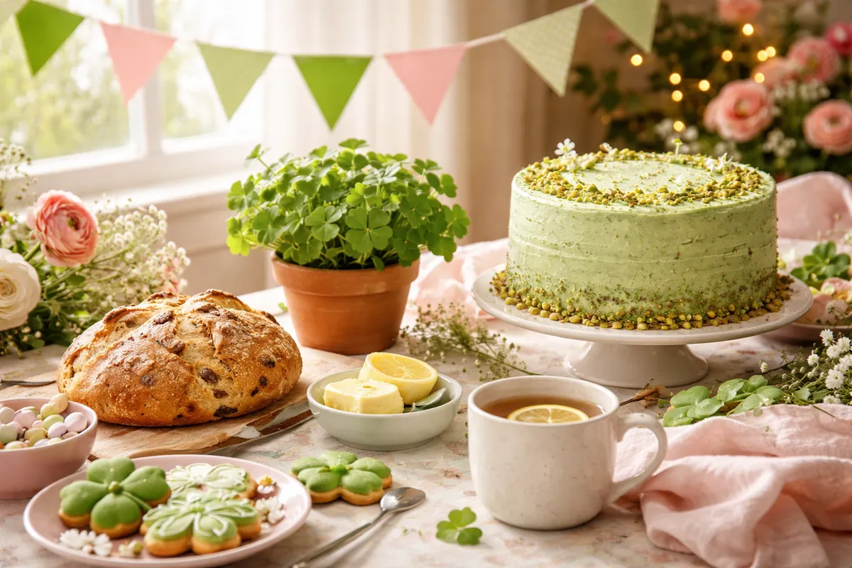 Des fanions verts, un pot de trèfle, un gâteau vert pistache, un pain irlandais, des petits biscuits verts et une tasse de thé