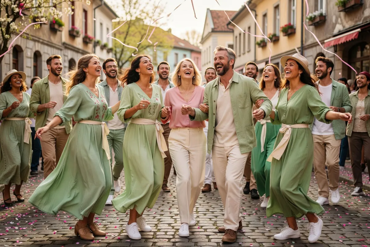 Des amis vêtus de vert dansent dans une rue pavée un jour de printemps