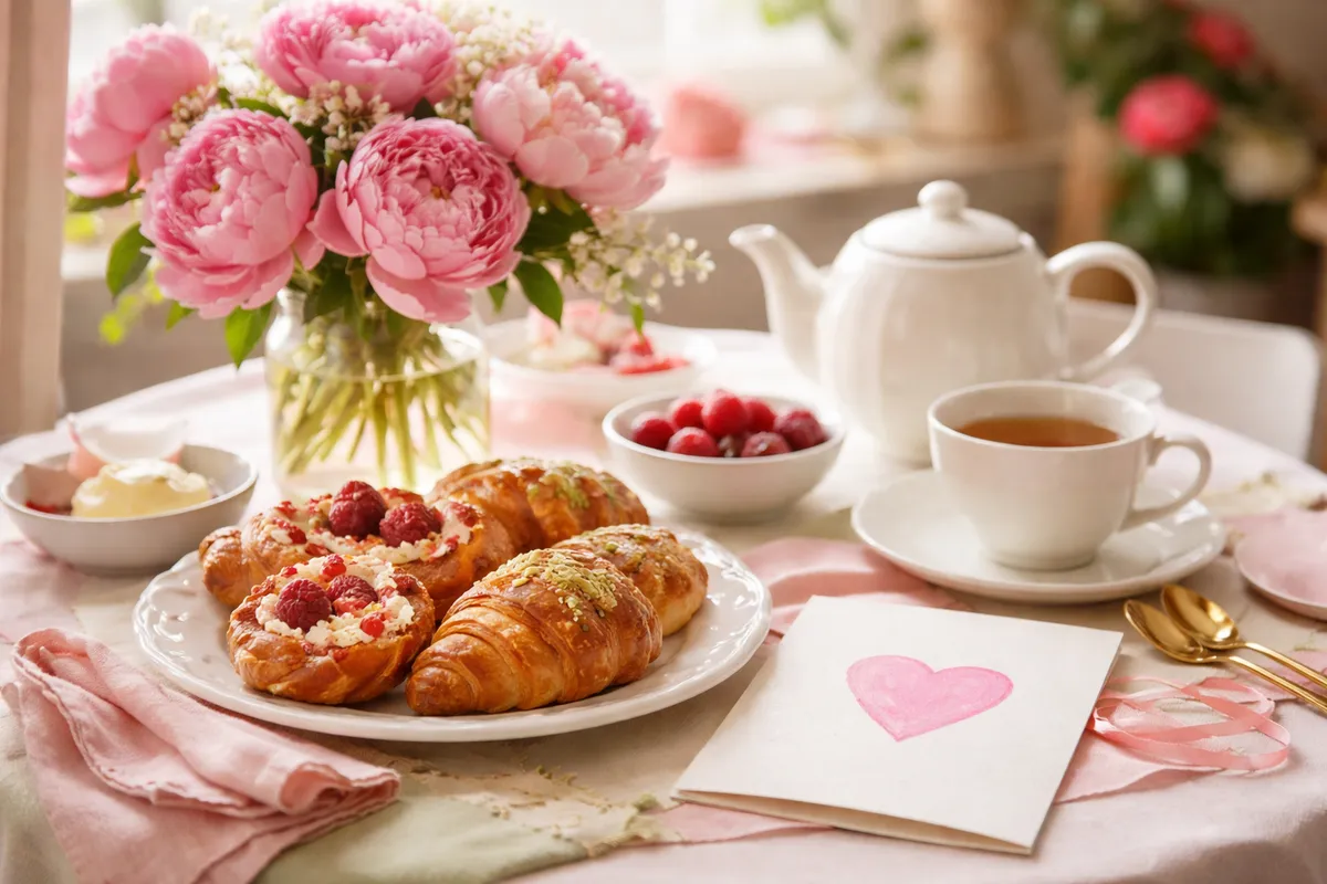Une table de petit déjeuner avec un vase de pivoines, des viennoiseries, une tasse de thé et une carte décorée d’un cœur dessiné
