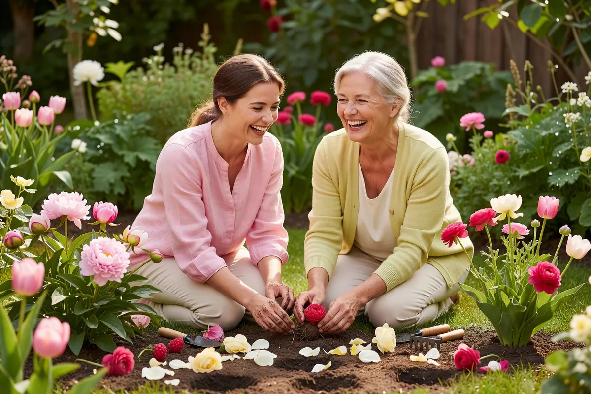 Une femme et sa mère, à genoux, plantent des fleurs en riant dans un jardin