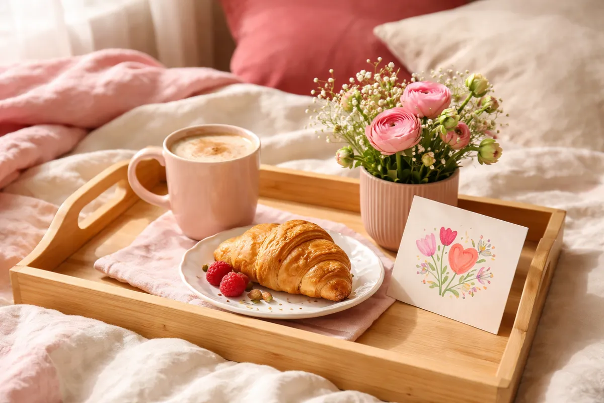 Un plateau de petit déjeuner avec un café, un croissant, une petite plante fleurie et une carte ornée d’un dessin de fleurs, posé sur un lit