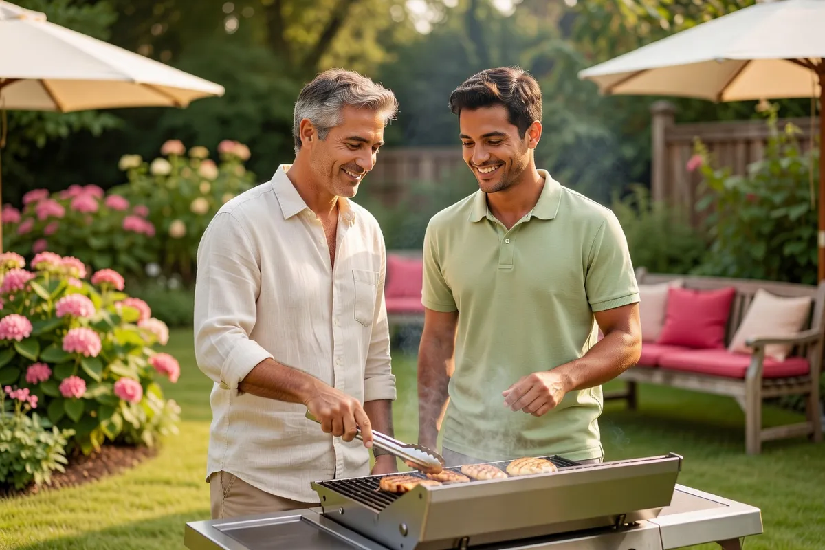 Deux hommes sourient en faisant griller des aliments sur un barbecue, dans un jardin fleuri