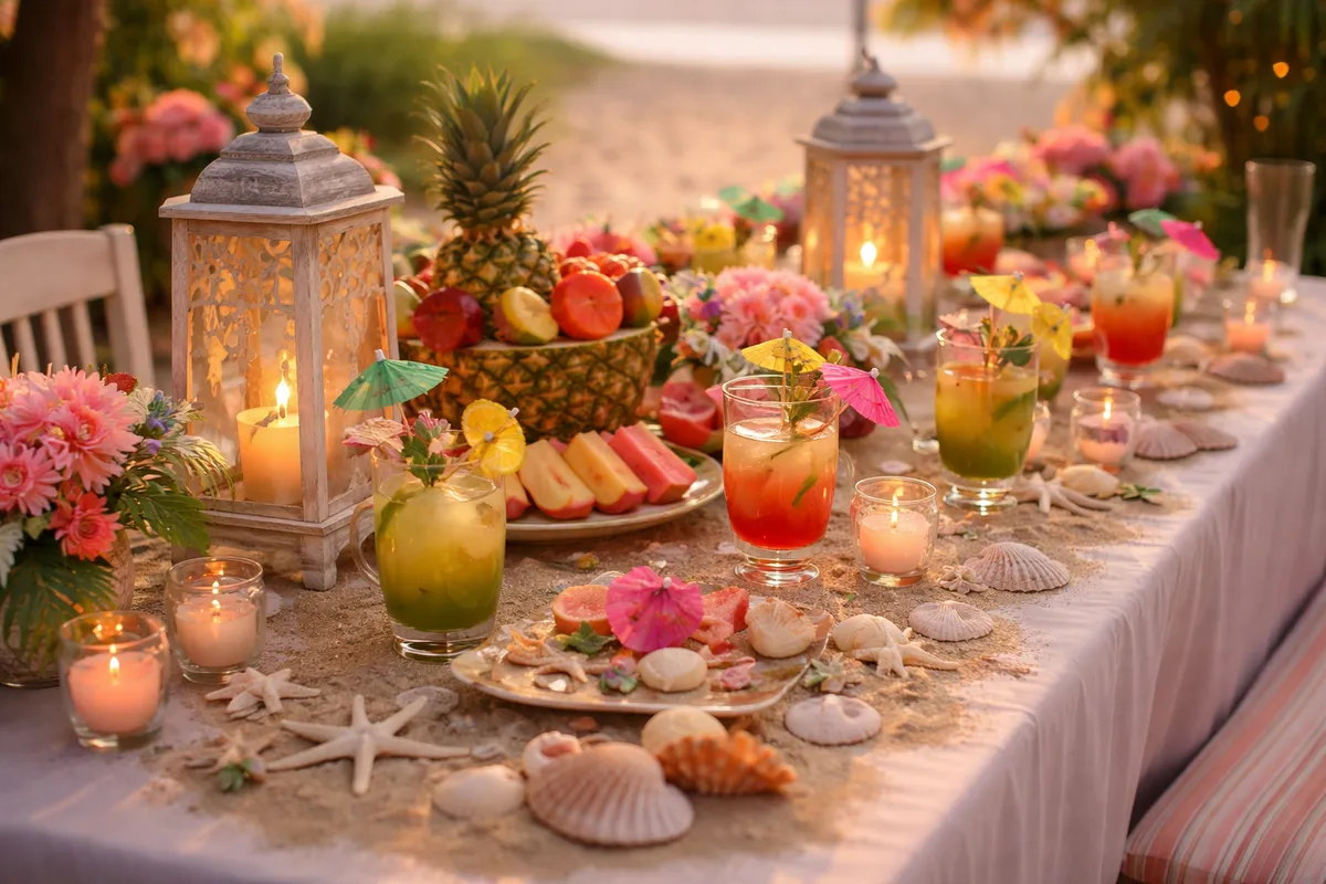 Une table décorée sur le thème de la plage avec coquillages, chemin de table en sable, petites ombrelles à cocktail et fruits tropicaux