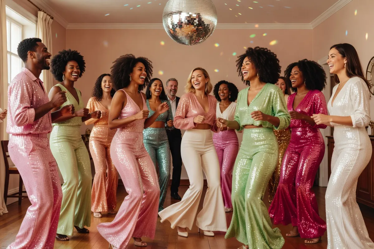 Des amis dansent dans une fête disco avec boule à facettes et tenues pailletées