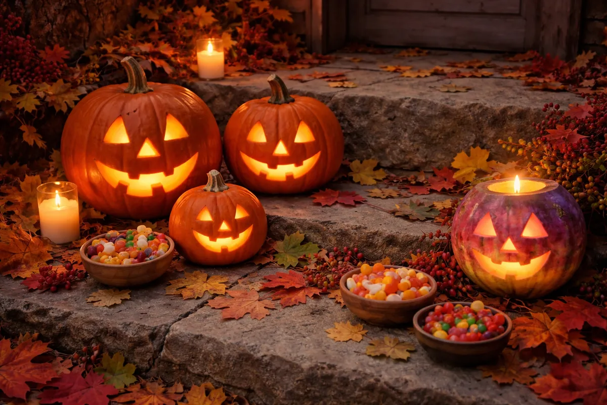 Des citrouilles sculptées éclairées de bougies sur des marches en pierre, avec des bols de bonbons et des feuilles mortes
