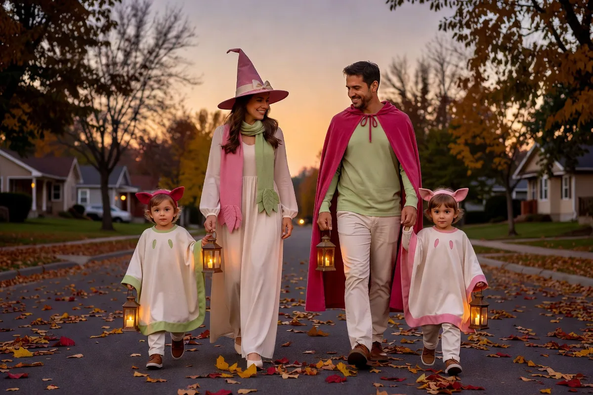 Une famille en costumes simples marche dans une rue à la tombée du jour, des lanternes à la main