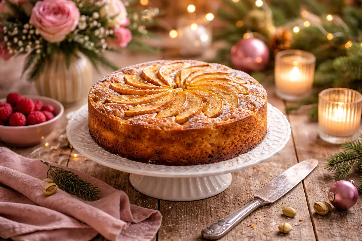 Un gâteau doré aux fines tranches de pommes en rosace, posé sur un plat à pied, avec des framboises et des bougies