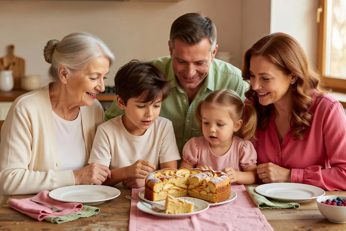 Une famille sur plusieurs générations partage une part de gâteau aux pommes autour d’une table
