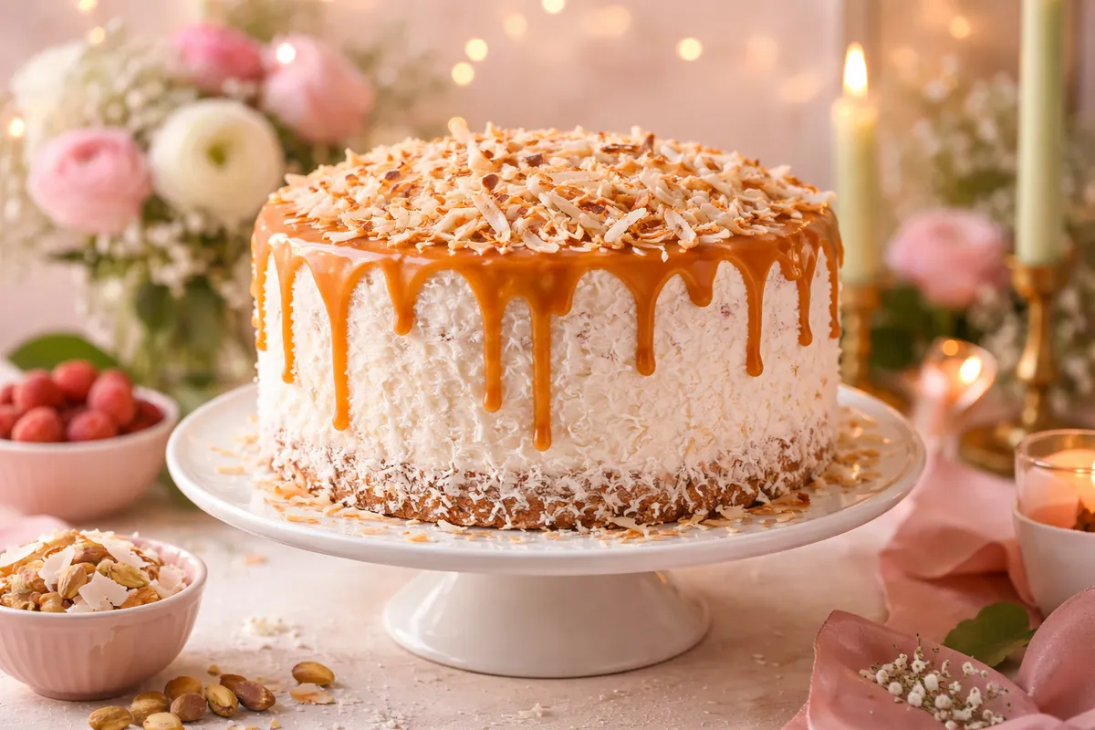 Un gâteau rond recouvert de noix de coco râpée, nappé de caramel qui coule sur les côtés, posé sur un pied à gâteau