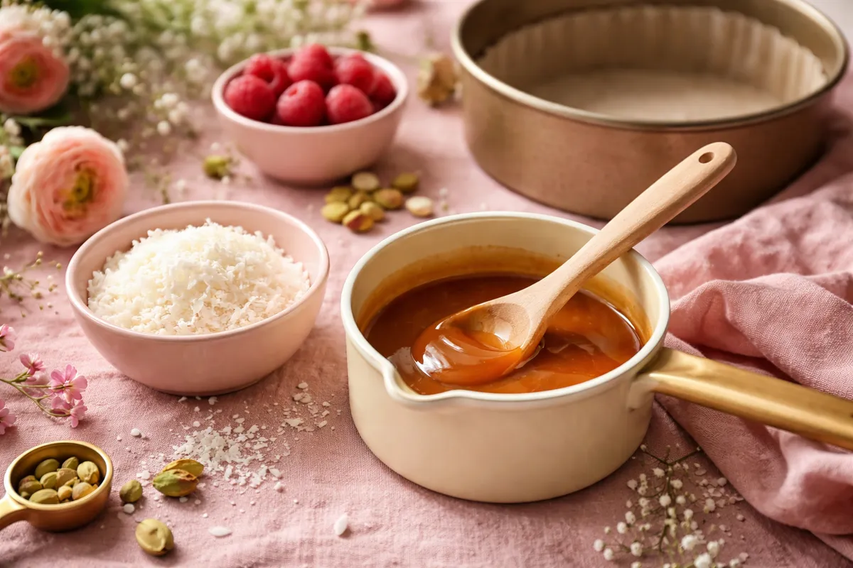 Une casserole de caramel ambré avec une cuillère en bois, un bol de noix de coco râpée et un moule
