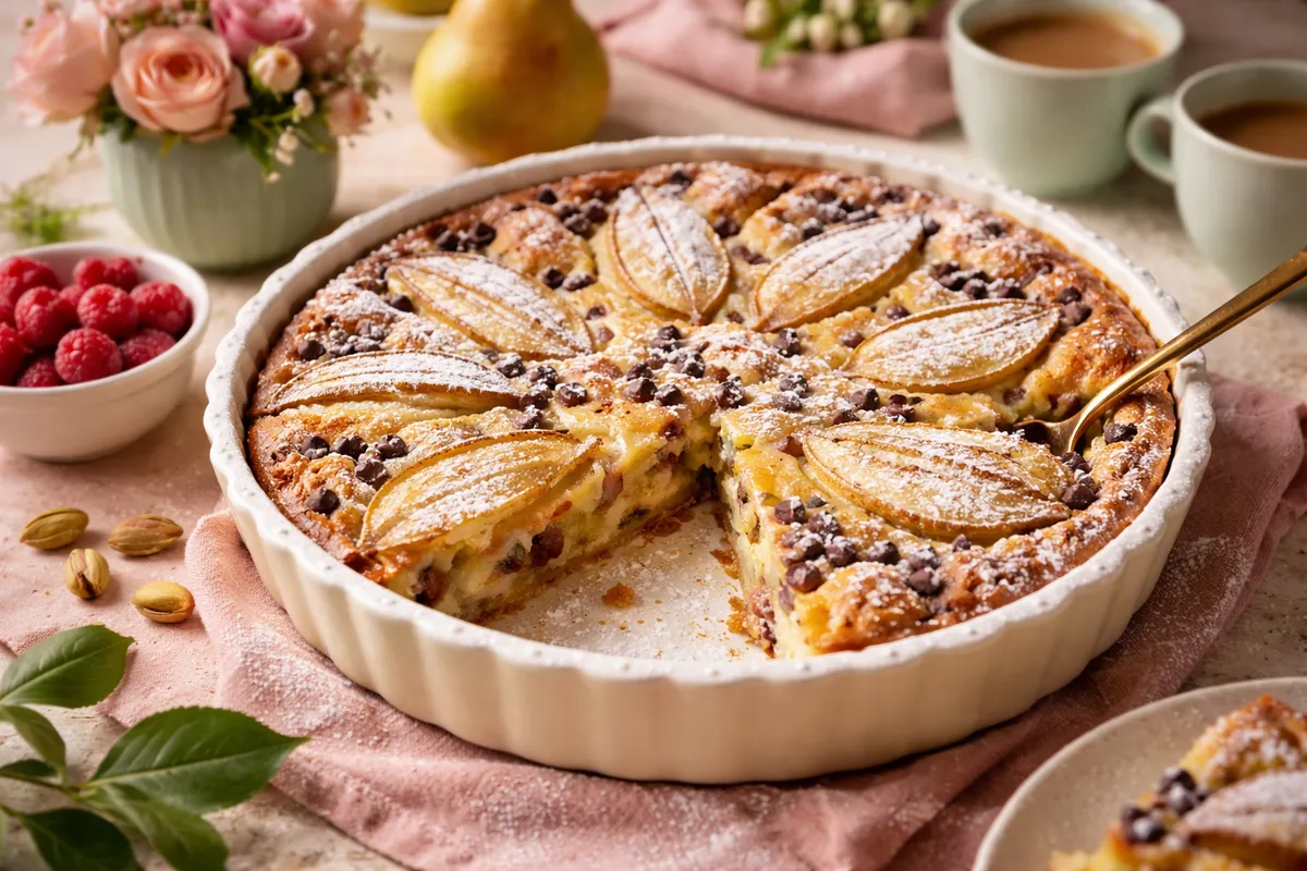 Un clafoutis dans un plat en céramique, orné de tranches de poires et de pépites de chocolat, une part déjà prélevée
