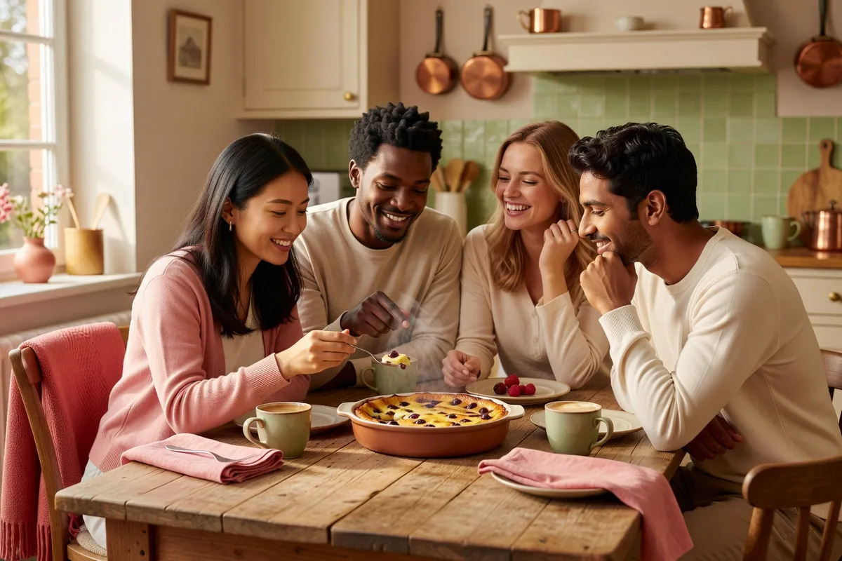 Quatre amis rient autour d’une table en bois où repose un clafoutis, des tasses devant eux