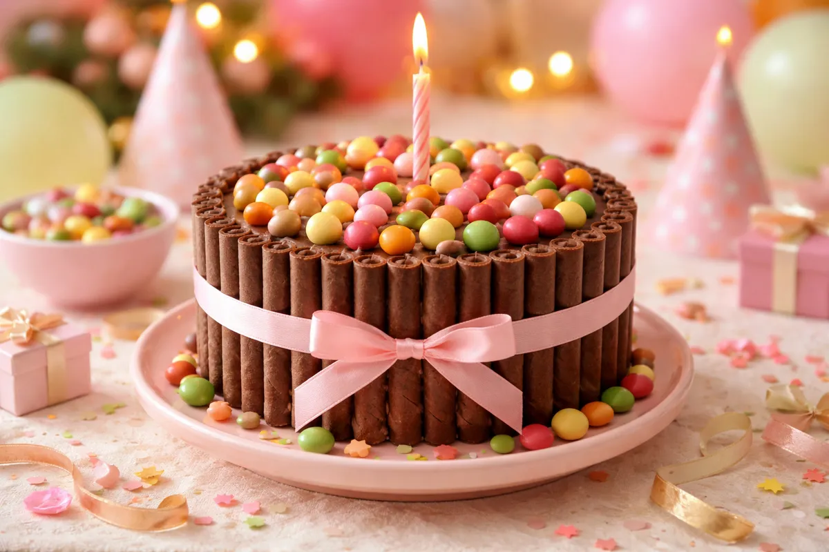 Un gâteau au chocolat orné de bonbons chocolatés colorés et de gaufrettes en ceinture, un ruban rose et une bougie