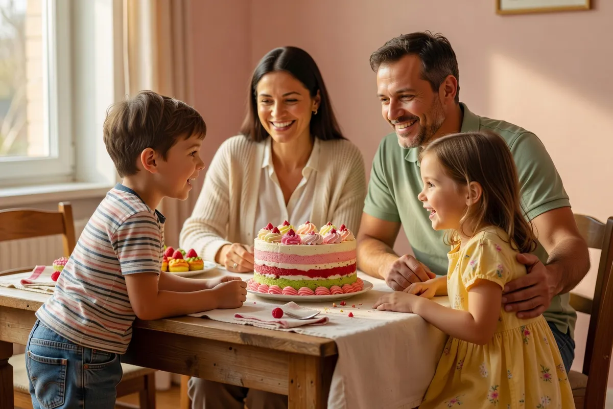 Une famille se rassemble autour d’un gâteau coloré sur une table de goûter, les enfants en tenue de tous les jours