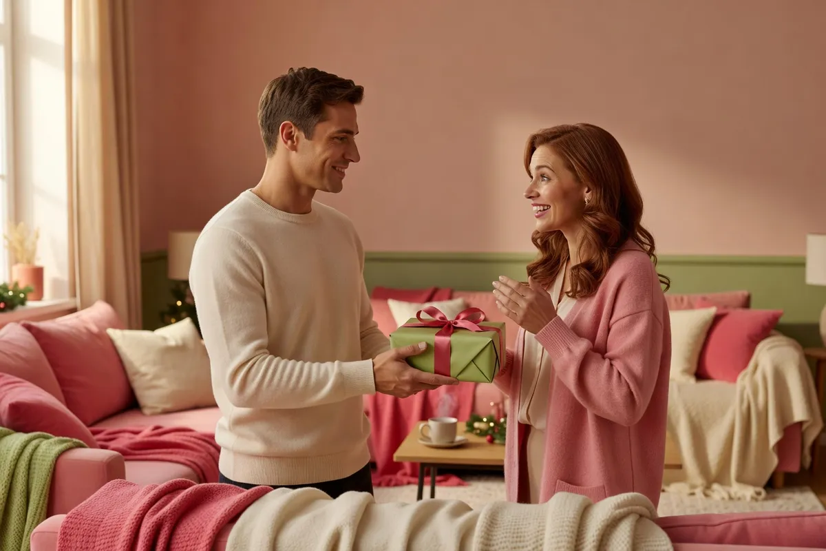 Un homme tend un paquet enveloppé à une femme surprise et souriante dans un salon cosy