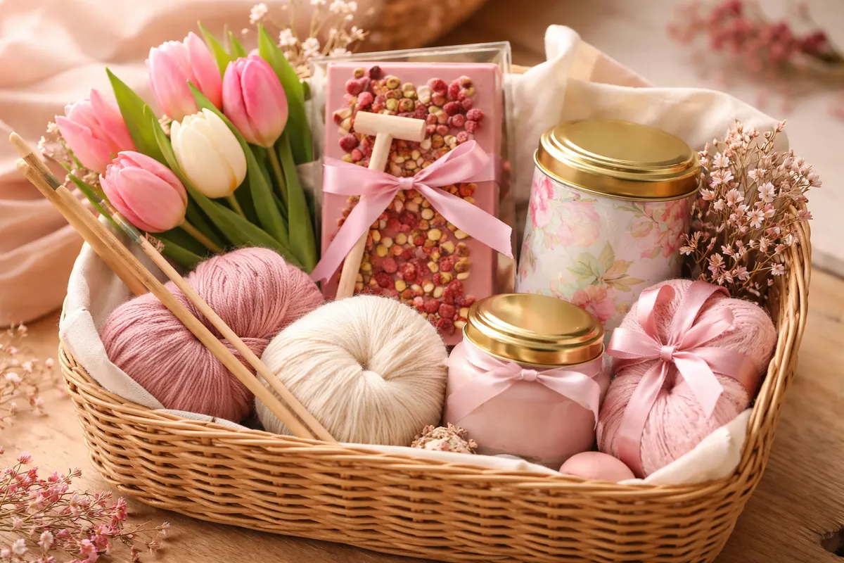 Un panier avec des tulipes, une tablette de chocolat et son petit maillet, une boîte de thé, un pot de crème et des pelotes de laine rose