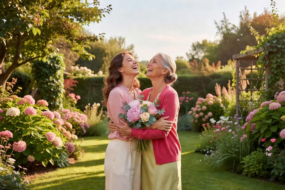 Une femme et sa mère s’embrassent dans un jardin fleuri, un bouquet entre elles