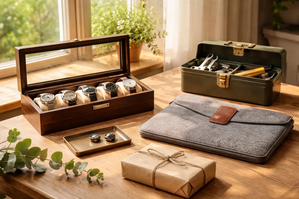 Une boîte à montres en bois, des boutons de manchette sur un plateau, une housse d’ordinateur en feutre gris, une petite boîte à outils et un paquet en papier kraft sur une table près d’une fenêtre