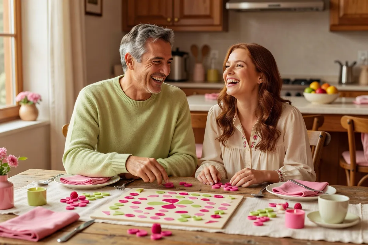 Un père et sa fille adulte rient en jouant à un jeu de société sur une table de cuisine
