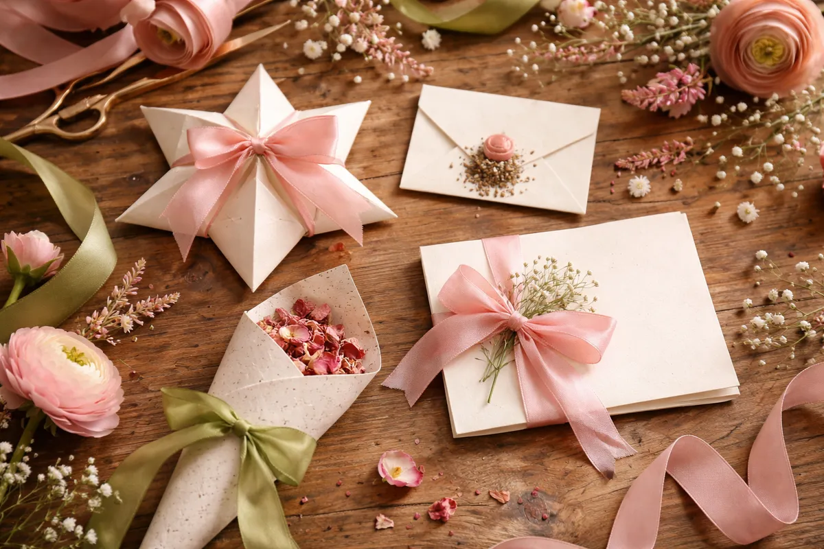 Une étoile en papier plié, des enveloppes à ruban rose et un cornet de pétales posés sur une table en bois parmi des fleurs