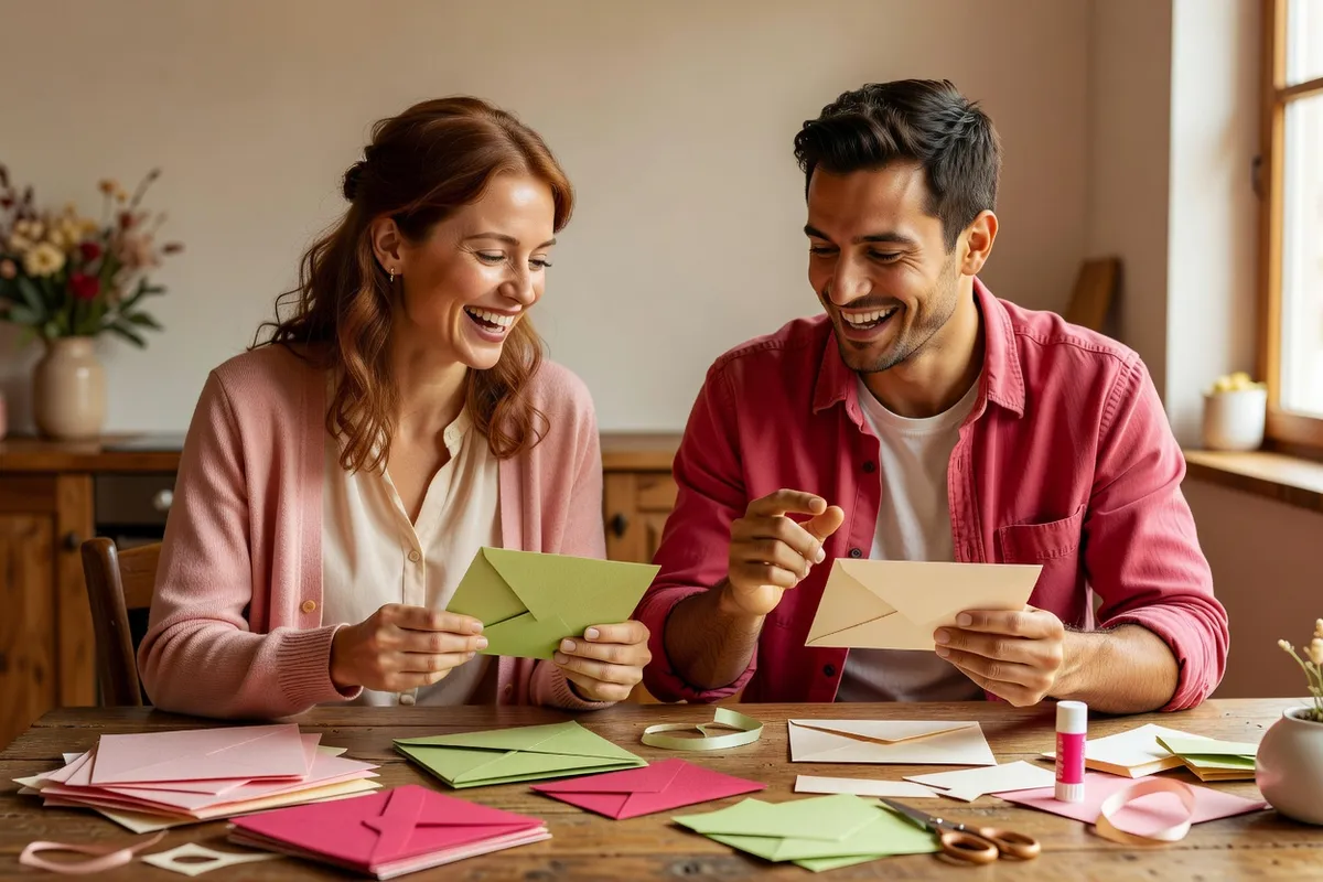 Une femme et un homme rient en préparant ensemble des enveloppes colorées, entourés de papiers et de ciseaux