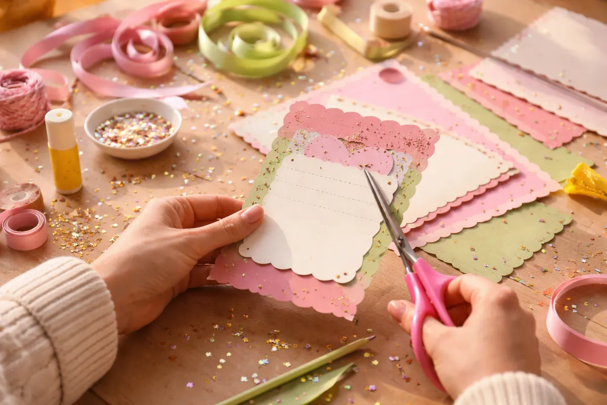 Des mains découpent du papier coloré en forme de cartons d’invitation sur une table de bricolage avec des rubans et des paillettes