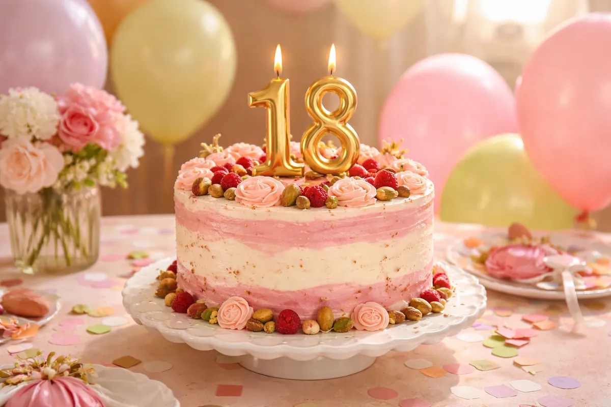 Un gâteau à deux étages crémeux surmonté de bougies dorées en forme de 18, entouré de ballons pastel et de fleurs