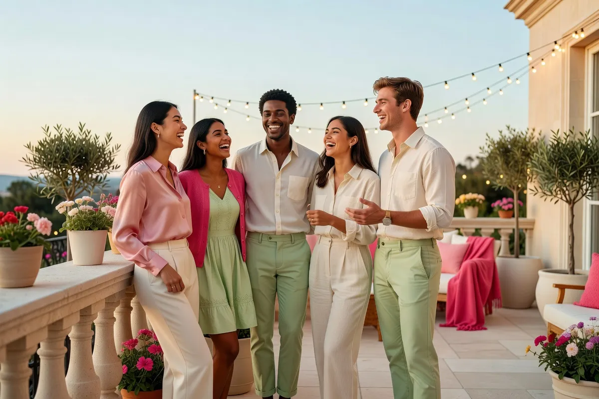 Un groupe de jeunes adultes bavarde en riant sur une terrasse au coucher du soleil, sous des guirlandes lumineuses
