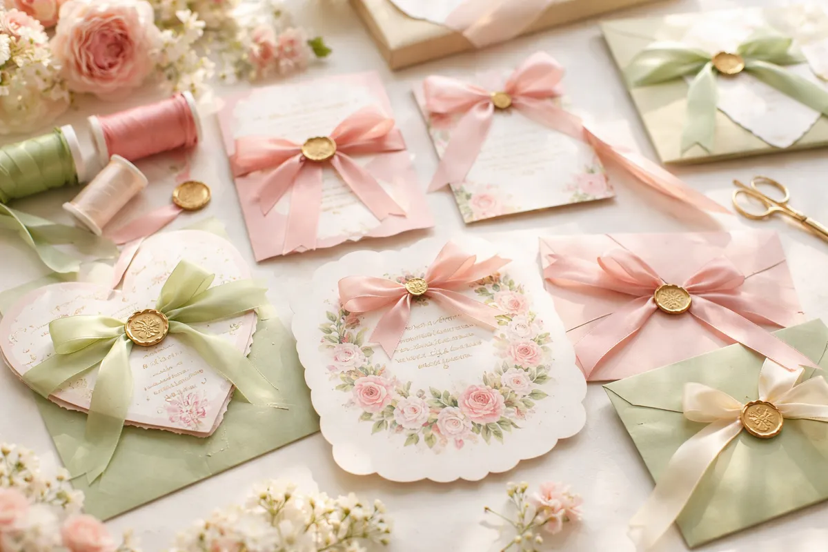 Plusieurs invitations d’anniversaire faites main, de formes différentes, avec enveloppes et rubans posées sur une table blanche