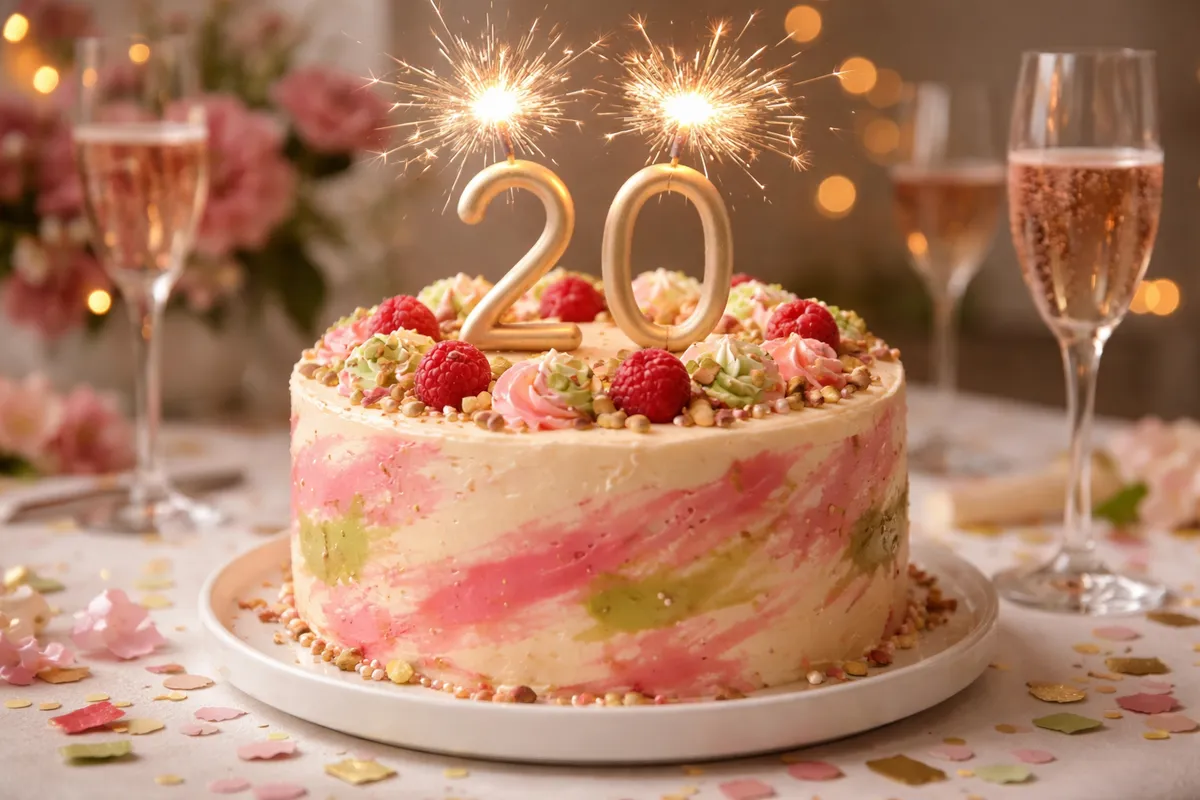 Un gâteau marbré de rose et de vert surmonté de bougies dorées en forme de 20 et de feux de Bengale, entre deux coupes
