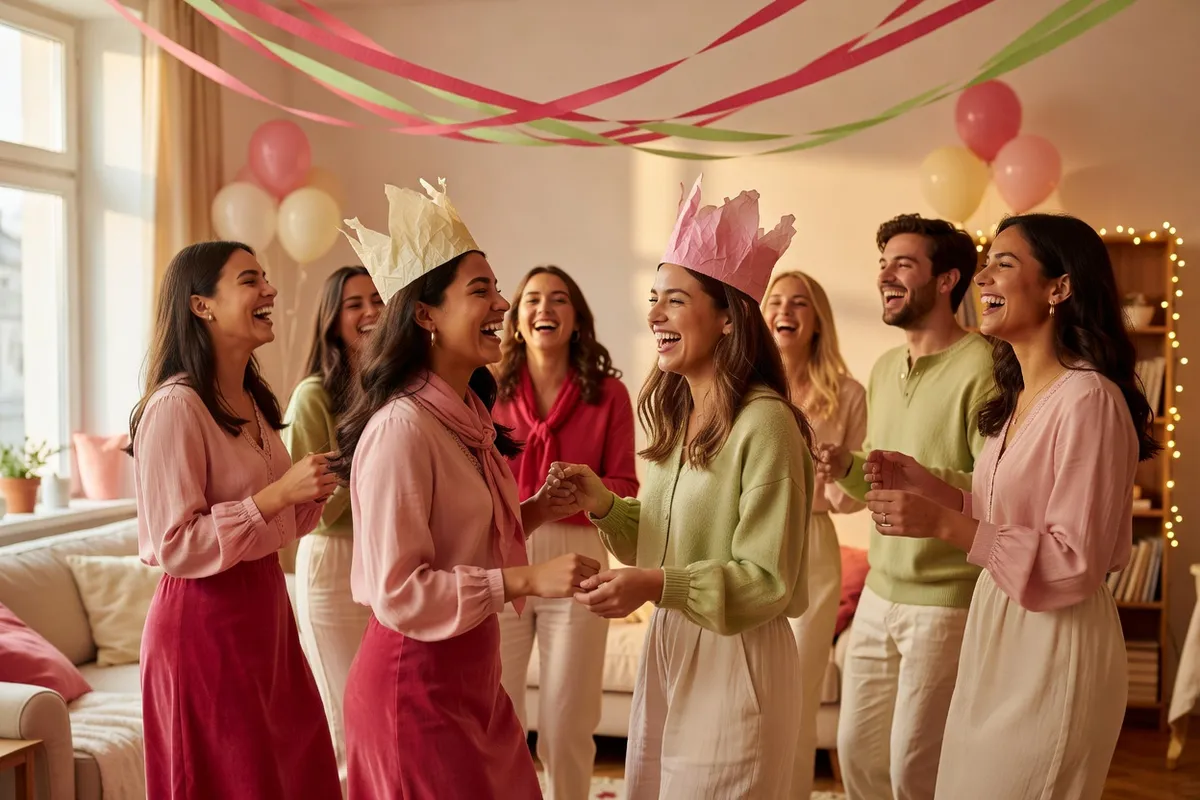 Groupe d’amis réuni autour d’une décoration colorée pour un anniversaire