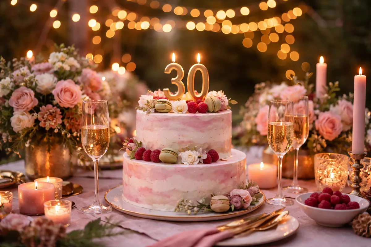 Une table dressée au crépuscule avec un gâteau à deux étages, une bougie dorée en forme de 3 et de 0 et des guirlandes lumineuses