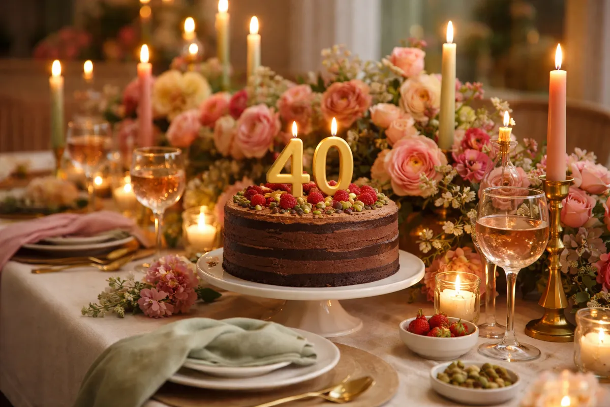 Une longue table de dîner avec bougies, fleurs et gâteau au chocolat surmonté d’une bougie dorée en forme de 4 et de 0