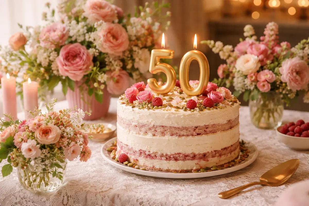 Un grand gâteau de fête avec des bougies dorées en forme de 5 et de 0, une nappe en dentelle et des bouquets de fleurs du jardin