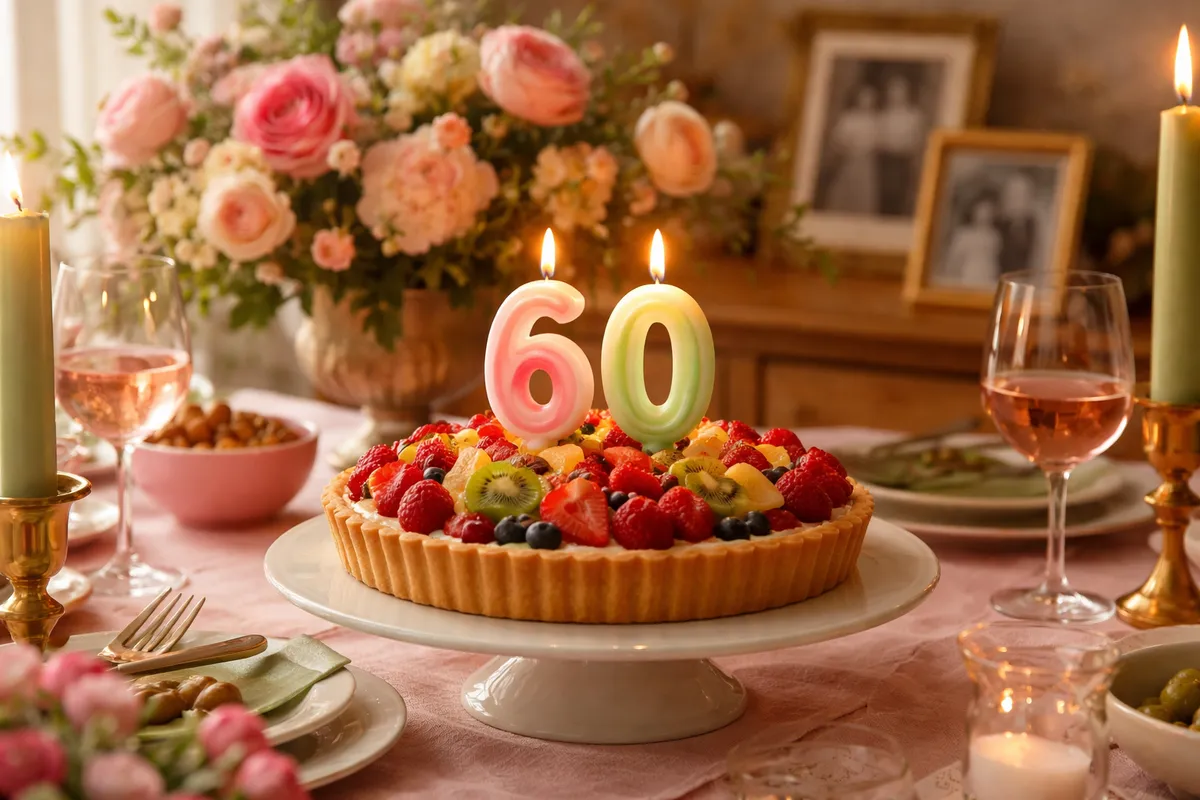 Une table de famille avec une tarte aux fruits surmontée d’une bougie en forme de 6 et de 0, des fleurs et de vieilles photographies encadrées