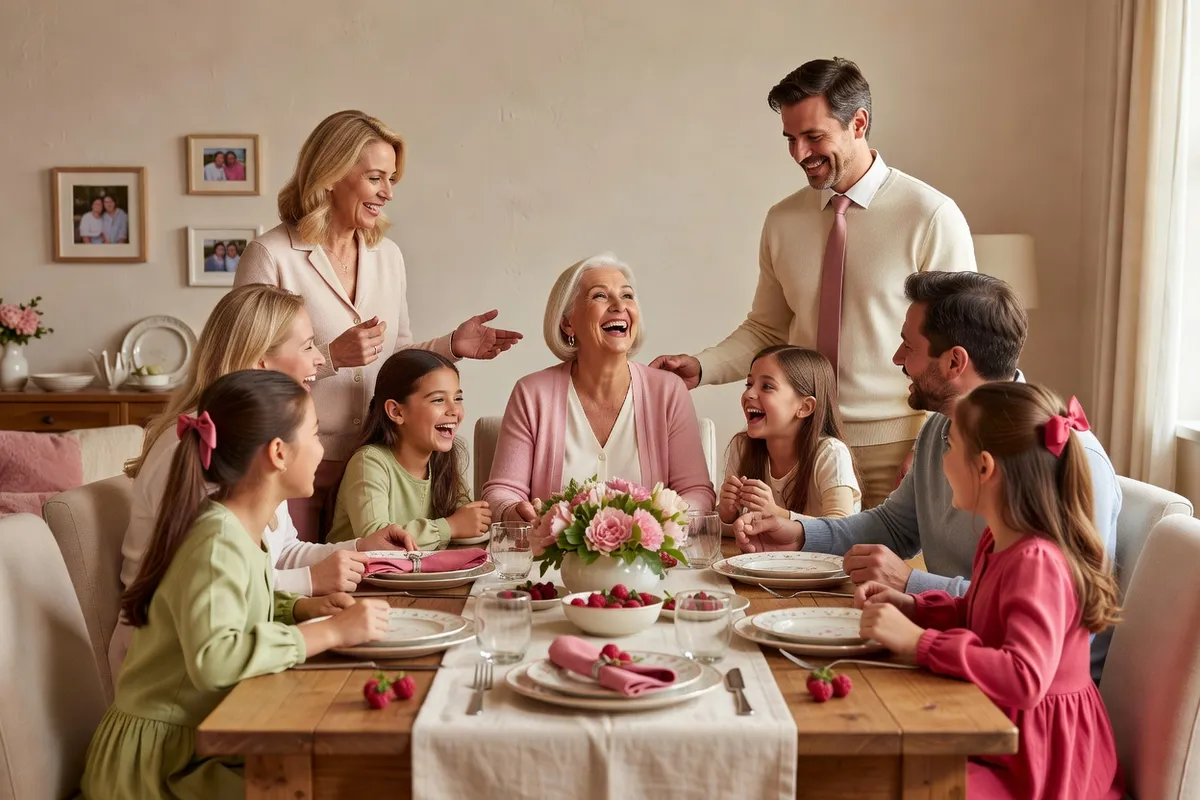 Une grand-mère de soixante ans riant avec ses enfants adultes et ses petits-enfants autour d’une table dans un salon chaleureux