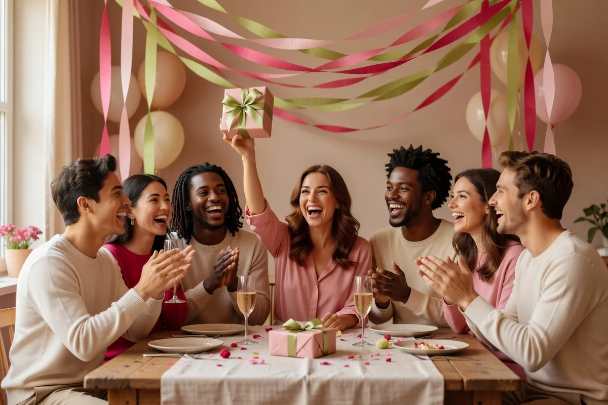 Un groupe d’amis acclame l’un d’eux qui brandit un petit paquet, autour d’une table décorée de rubans