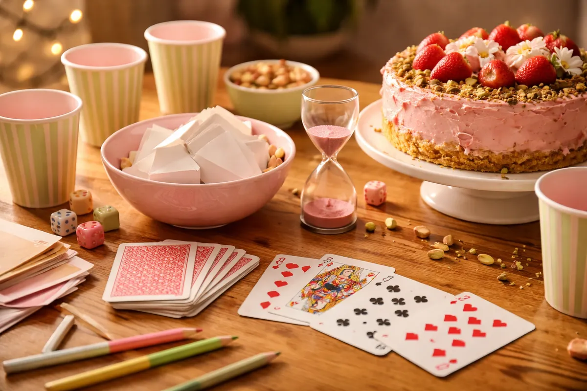 Une table de jeux avec cartes, papiers pliés, sablier et gâteau