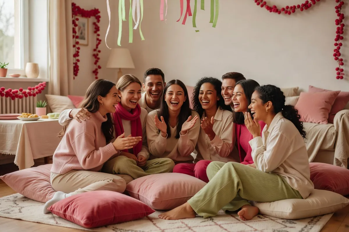 Des amis assis sur des coussins rient en jouant à deviner