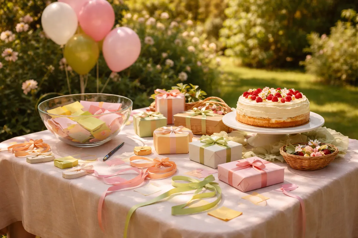 Une table de jeux avec ballons, bol de papiers, petits cadeaux emballés et gâteau aux fruits rouges