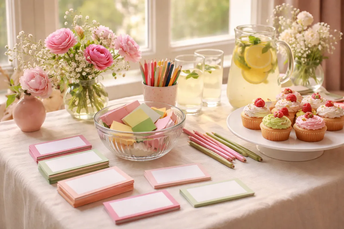 Une table d’accueil avec étiquettes prénom vierges, papiers pliés, stylos de couleur, carafe de citronnade et petits gâteaux
