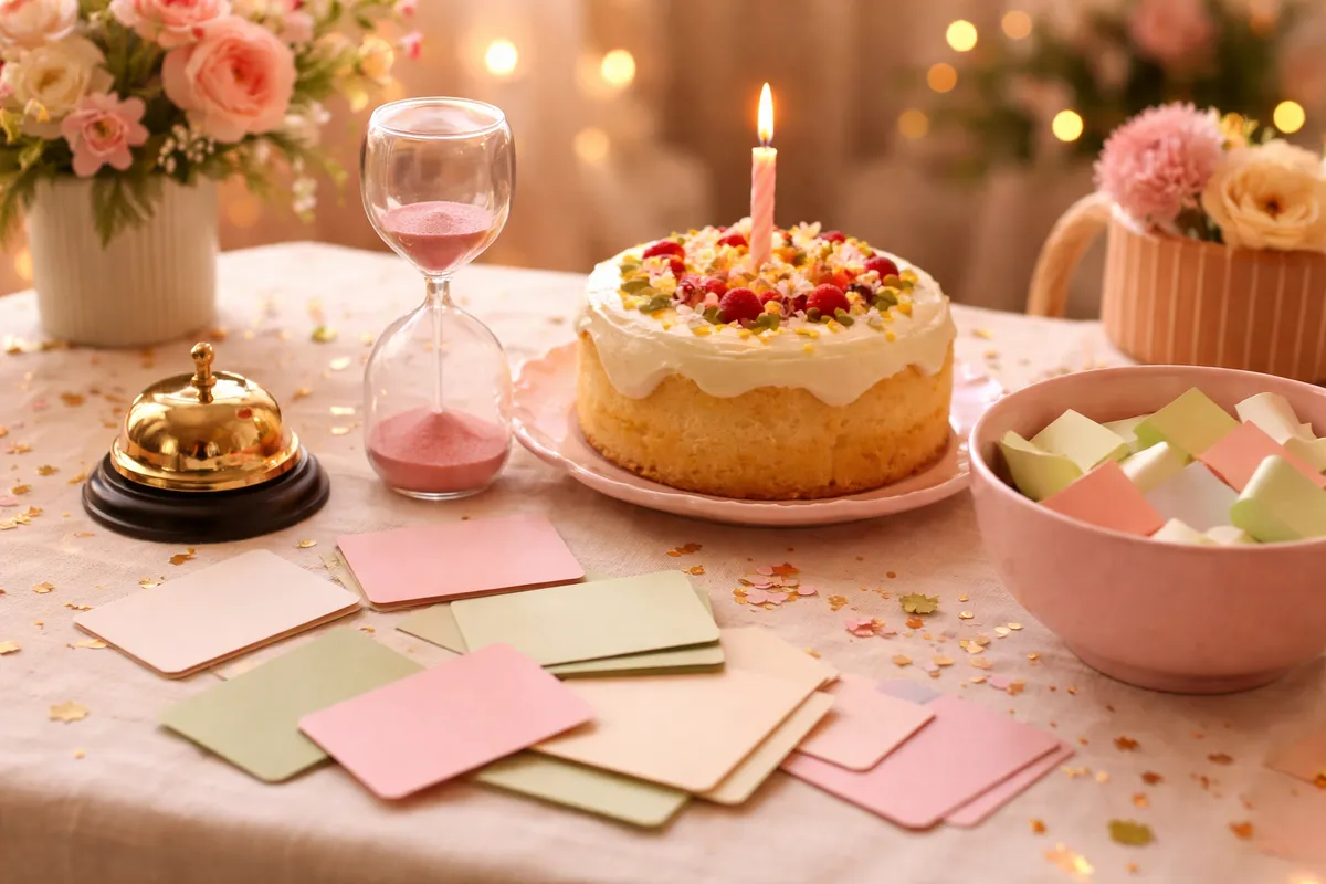 Une table avec petites cartes, un sablier, une clochette, un bol de papiers pliés et un gâteau au citron avec une bougie