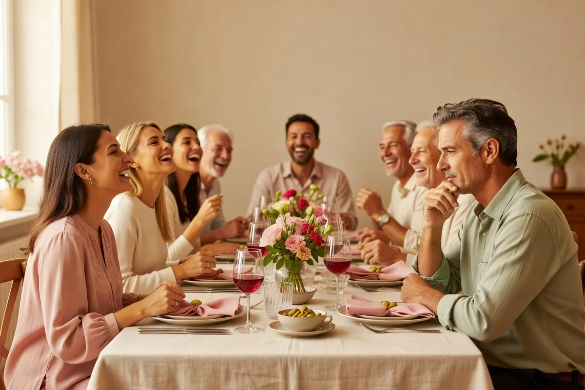 Des invités de plusieurs âges autour d’une table, l’un réfléchissant intensément le menton dans la main pendant que les autres rient