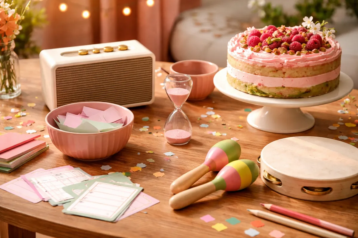 Une table avec petite enceinte, tambourin, maracas, bol de papiers et sablier