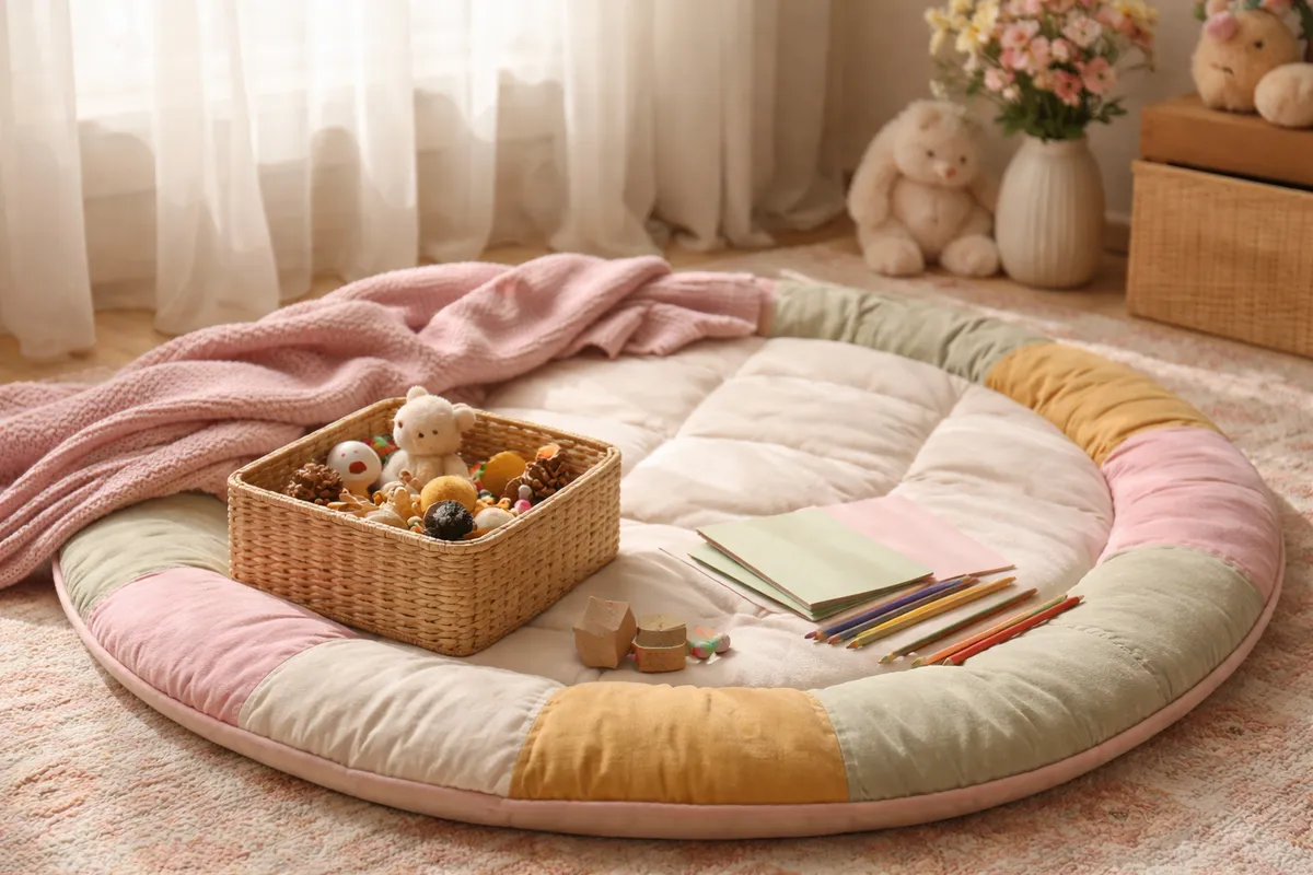 Un coin de jeu tranquille avec un cercle de coussins, une petite boîte d’objets du quotidien, des feuilles pliées, des crayons de couleur et un foulard doux