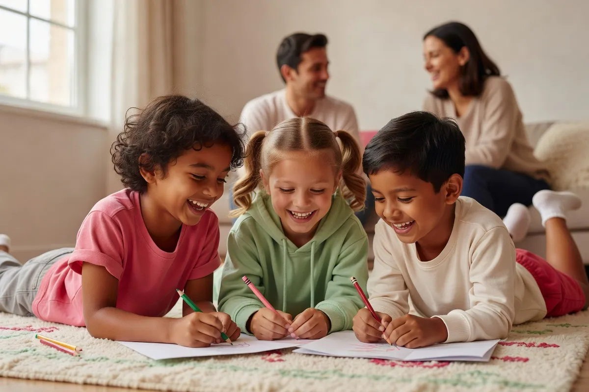 Des enfants allongés sur le ventre sur un tapis, en train de dessiner sur des feuilles pliées, en riant