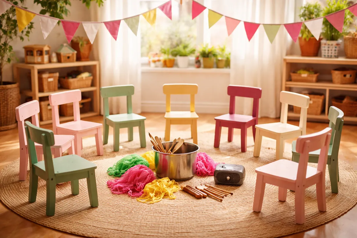 Un cercle de petites chaises, une enceinte, des cuillères en bois et une casserole servant de tambour, des foulards colorés et des fanions au-dessus