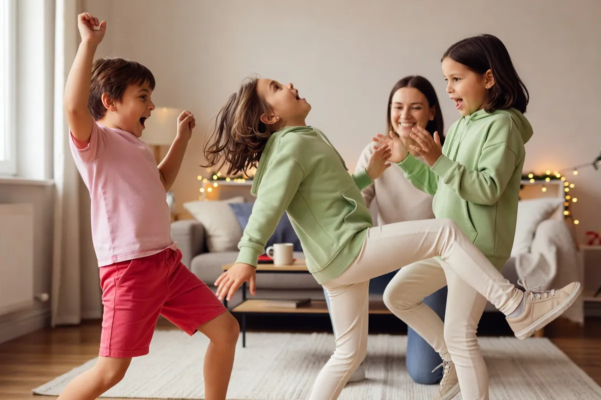 Des enfants figés dans des poses rigolotes sur le sol d’un salon, en pleine danse, sous le regard souriant d’un adulte